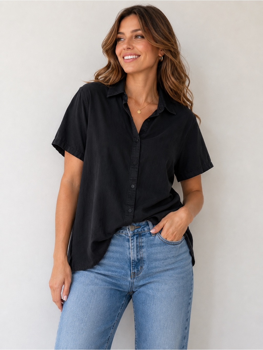 Avenue Black Linen Blend Button Front Shirt Plus Size 14/16
